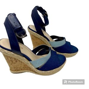 Nine West Funoneo Wedge Cork Denim Ankle Strap Espadrille Size 8 M
